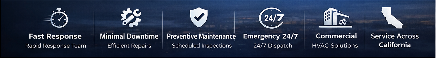 Fast Response, Minimal Downtime, Preventive Maintenance, Emergency 24/7, Commercial HVAC Solutions, Service Across California